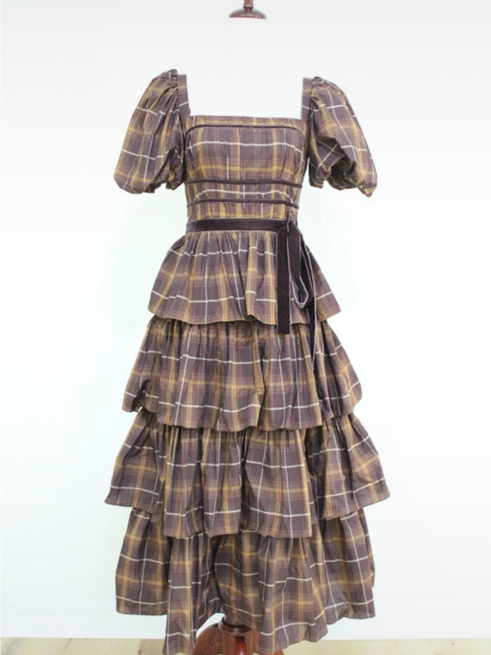 Antonio Melani Plaid Puff-Sleeve Maxi Dress